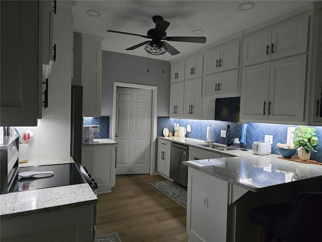 11681 S Roundtree St, Olathe, KS 66061 - kitchen featuring dishwasher, a peninsula, wood finished floors, a ceiling fan, and tasteful backsplash