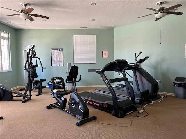 11681 S Roundtree St, Olathe, KS 66061 - gym featuring ceiling fan, carpet flooring, and a textured ceiling