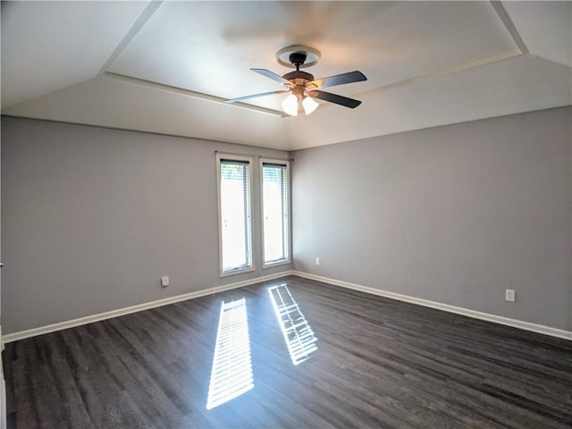 10122 Earnshaw St, Lenexa, KS 66215 - empty room with a ceiling fan, dark wood-style floors, and vaulted ceiling