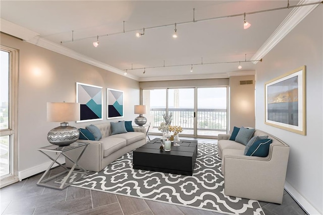 2510 Grand Blvd Unit 2502-03, Kansas City, MO 64108 - living area featuring ornamental molding and rail lighting
