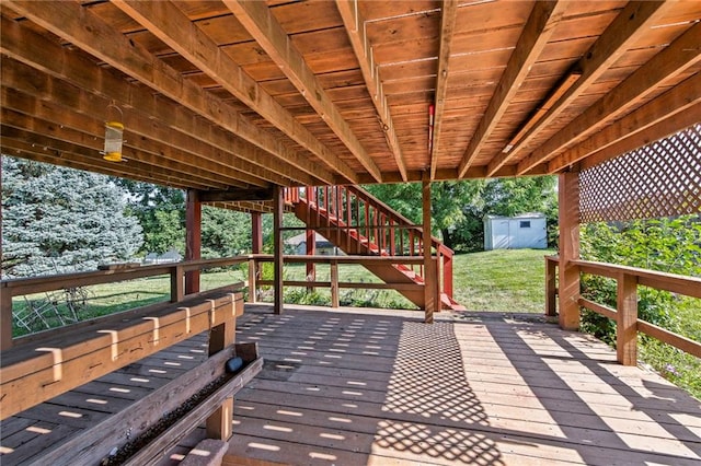 19308 E 18th St N, Independence, MO 64058 - deck featuring stairway, a storage shed, and a yard