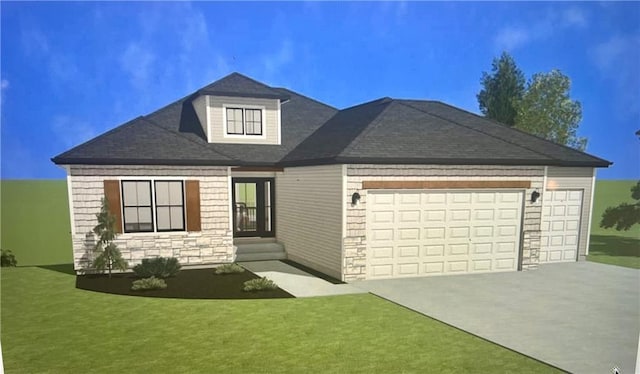 16420 NW 123rd St, Platte City, MO 64079 - view of front of house with an attached garage, driveway, a front yard, stone siding, and roof with shingles