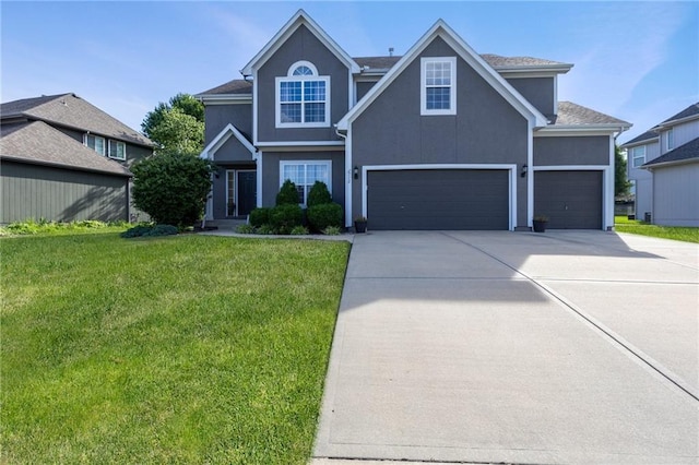 2712 SW Carlton Dr, Lees Summit, MO 64082 - traditional-style home featuring driveway, a front lawn, stucco siding, and a garage