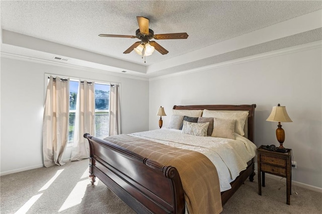 2712 SW Carlton Dr, Lees Summit, MO 64082 - bedroom with carpet, a textured ceiling, ornamental molding, ceiling fan, and a raised ceiling