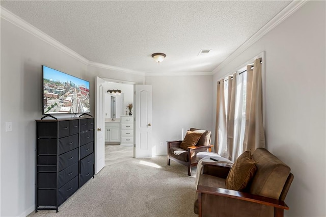 2712 SW Carlton Dr, Lees Summit, MO 64082 - living area featuring a textured ceiling, light colored carpet, and ornamental molding
