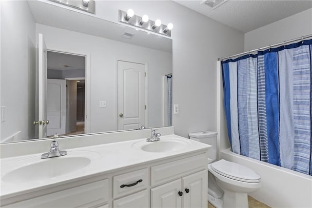 2712 SW Carlton Dr, Lees Summit, MO 64082 - full bath with double vanity, shower / bathtub combination with curtain, and a textured ceiling
