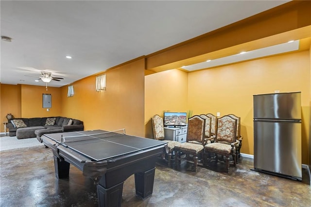 2712 SW Carlton Dr, Lees Summit, MO 64082 - playroom featuring concrete flooring, a ceiling fan, and recessed lighting