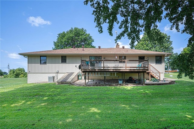 21830 155th St, Basehor, KS 66007 - back of house featuring a wooden deck, a yard, a chimney, and stairs