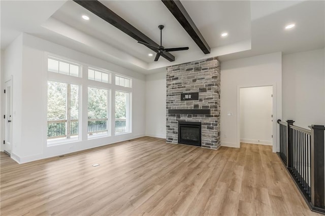 13491 Terrace Park Dr, Parkville, MO 64152 - unfurnished living room featuring ceiling fan, light wood-type flooring, recessed lighting, beamed ceiling, and a raised ceiling