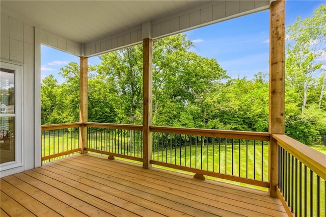 13491 Terrace Park Dr, Parkville, MO 64152 - wooden terrace with a lawn and view of wooded area