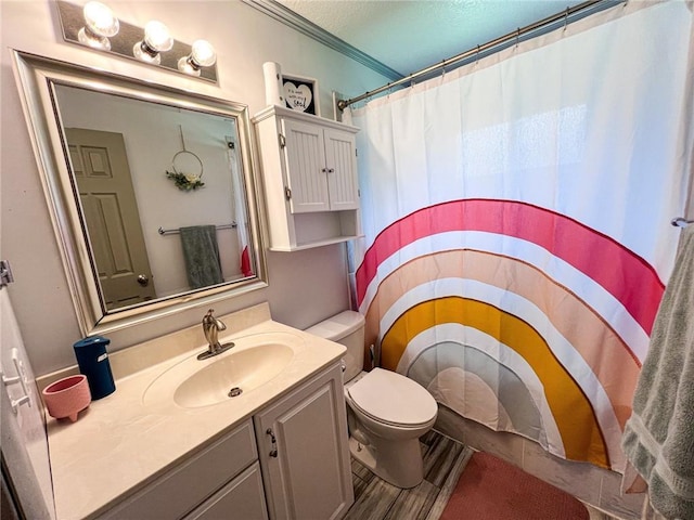 701 N Godfrey St, Cameron, MO 64429 - bathroom featuring vanity, ornamental molding, a shower with shower curtain, and a textured ceiling