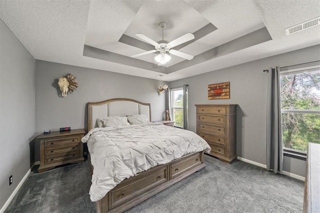 16122 W 157th St, Olathe, KS 66062 - bedroom with a tray ceiling, a textured ceiling, carpet, and ceiling fan