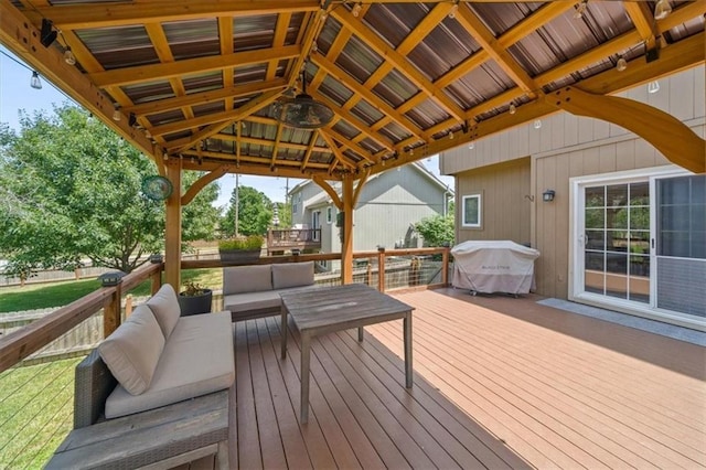 16122 W 157th St, Olathe, KS 66062 - wooden deck with a grill, outdoor lounge area, a gazebo, and a yard