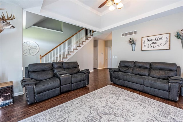61 SW 446th Rd, Clinton, MO 64735 - living area with a ceiling fan, wood finished floors, stairway, and vaulted ceiling