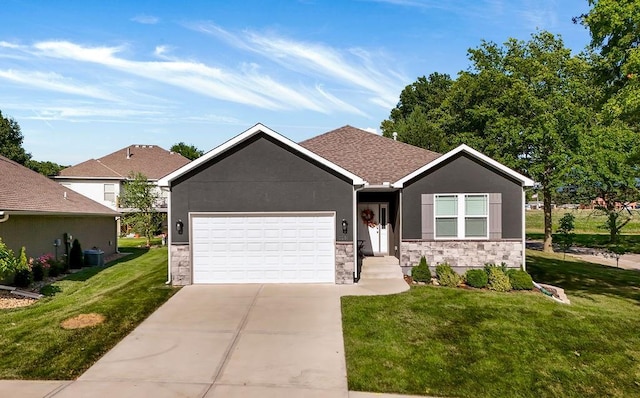 2214 SW 9th St, Blue Springs, MO 64014 - ranch-style house with stone siding, an attached garage, driveway, a front lawn, and stucco siding