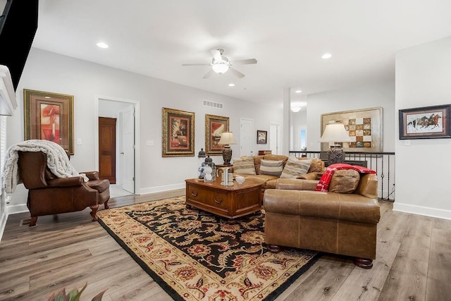 2214 SW 9th St, Blue Springs, MO 64014 - living room with ceiling fan, light wood finished floors, and recessed lighting