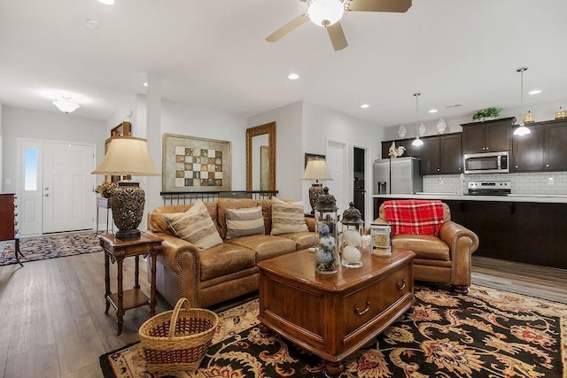 2214 SW 9th St, Blue Springs, MO 64014 - living area with ceiling fan, wood finished floors, and recessed lighting