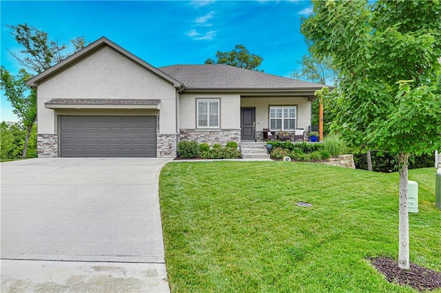23103 W 125th Ter, Olathe, KS 66016 - view of front of house featuring stucco siding, a garage, concrete driveway, stone siding, and covered porch