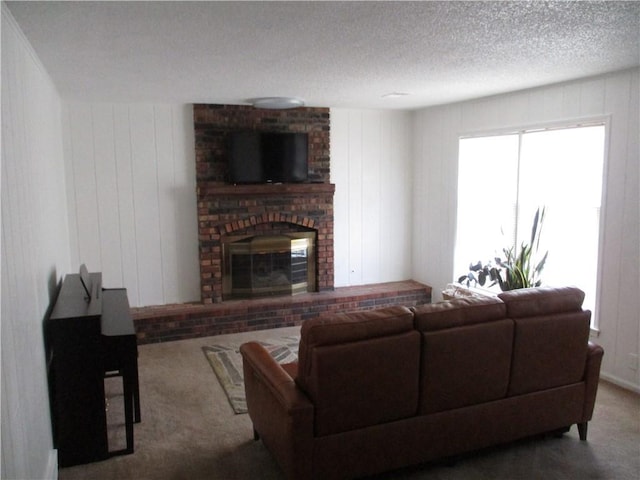 8265 Gleason Rd, Lenexa, KS 66227 - carpeted living room with a brick fireplace and a textured ceiling