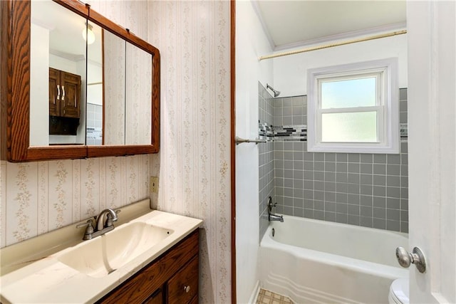 2731 S Northern Blvd, Independence, MO 64052 - bathroom featuring vanity, shower / bathtub combination, ornamental molding, and wallpapered walls