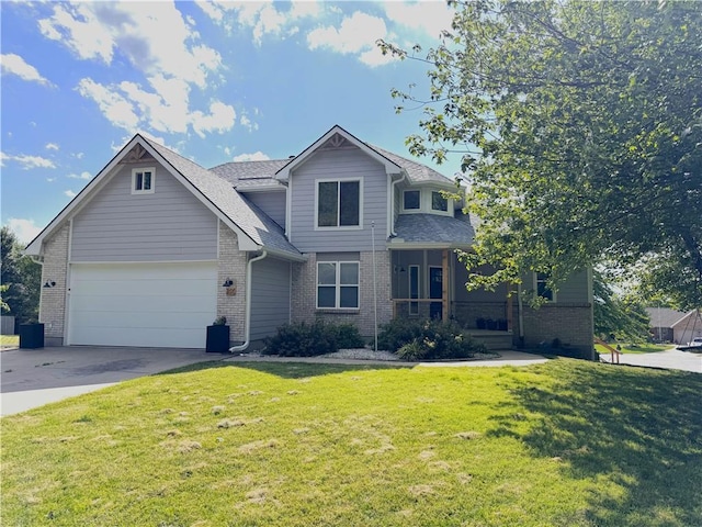 200 S Park Dr, Raymore, MO 64083 - view of front facade with brick siding, concrete driveway, a front yard, an attached garage, and a shingled roof