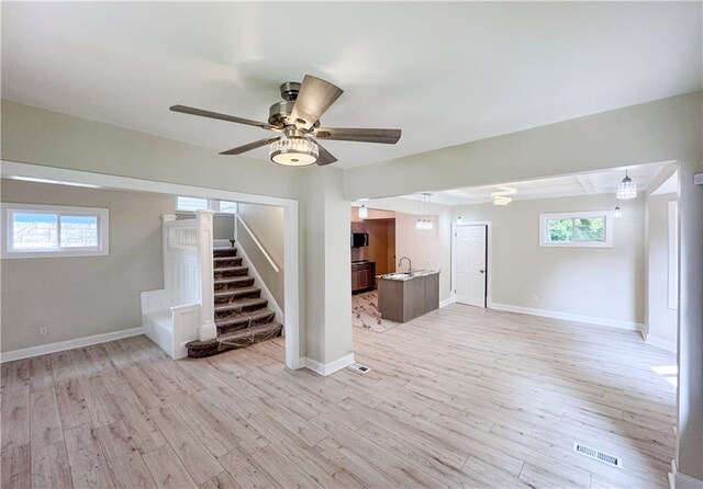 3635 Wabash Ave, Kansas City, MO 64109 - basement with stairs, light wood finished floors, and ceiling fan