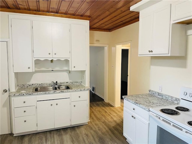 812 N 9th St, Leavenworth, KS 66048 - kitchen with wooden ceiling, electric stove, white cabinets, light wood-style floors, and crown molding