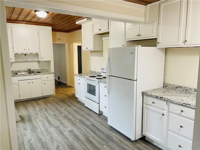 812 N 9th St, Leavenworth, KS 66048 - kitchen featuring wood ceiling, white appliances, white cabinets, light wood-type flooring, and light stone countertops