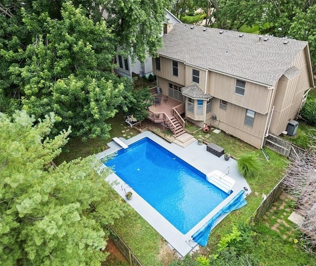 13942 W 113th St, Olathe, KS 66215 - view of pool with a deck, a fenced backyard, a patio, and stairs