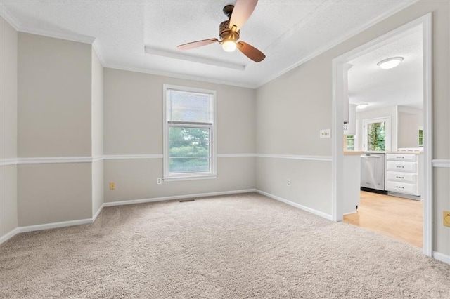 13942 W 113th St, Olathe, KS 66215 - empty room with light colored carpet, ornamental molding, ceiling fan, and a textured ceiling