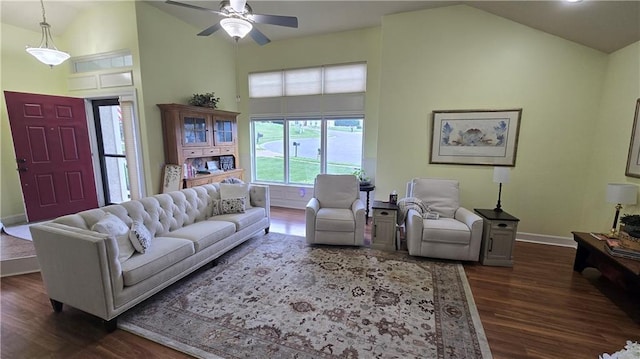 16810 NE 170th Ter, Holt, MO 64048 - living area with dark wood-style flooring, ceiling fan, and high vaulted ceiling