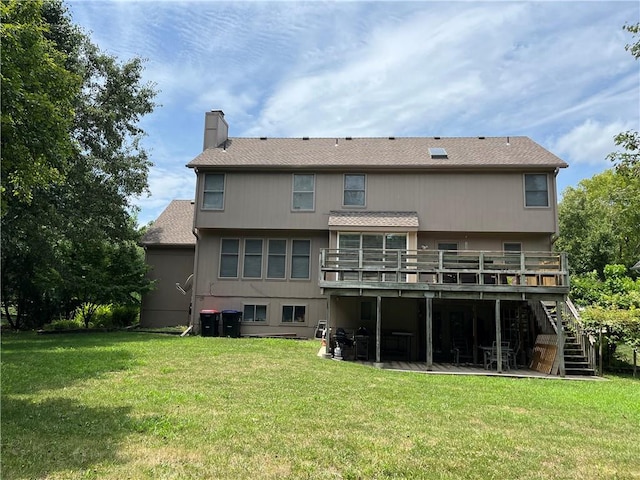 505 Williamsburg Dr, Lees Summit, MO 64063 - back of property featuring a chimney, a deck, stairs, and a yard