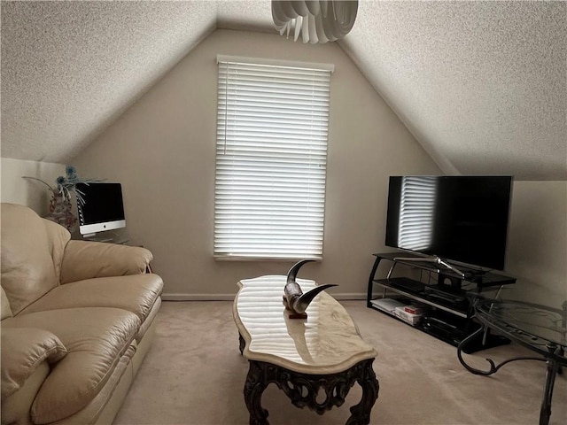 505 Williamsburg Dr, Lees Summit, MO 64063 - living room with a textured ceiling, light colored carpet, and lofted ceiling