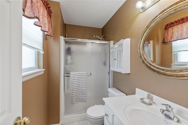 1903 NW Rosewood Dr, Grain Valley, MO 64029 - bathroom with healthy amount of natural light, a shower stall, a textured ceiling, and vanity