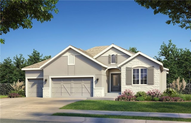 15323 W 171st Ter, Olathe, KS 66062 - view of front of home featuring a garage, stone siding, concrete driveway, stucco siding, and a front lawn