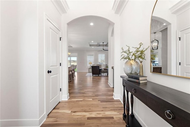 15323 W 171st Ter, Olathe, KS 66062 - hallway with arched walkways, light wood-style floors, and recessed lighting