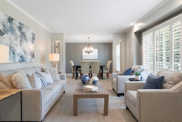 5501 W 86th St, Overland Park, KS 66207 - living area featuring a chandelier, crown molding, and light carpet