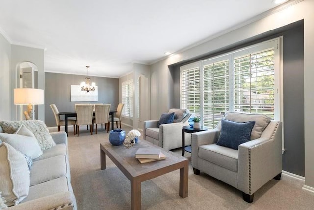 5501 W 86th St, Overland Park, KS 66207 - living area featuring a chandelier, crown molding, and light carpet