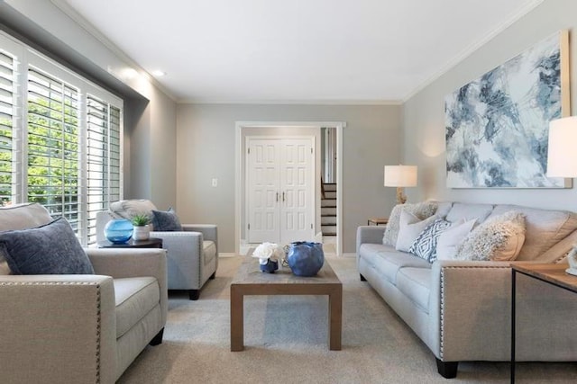 5501 W 86th St, Overland Park, KS 66207 - living room featuring ornamental molding and light carpet