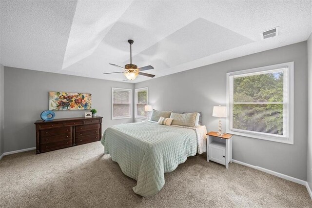 14522 W 61st St, Shawnee, KS 66216 - bedroom featuring multiple windows, carpet flooring, a textured ceiling, a tray ceiling, and a ceiling fan