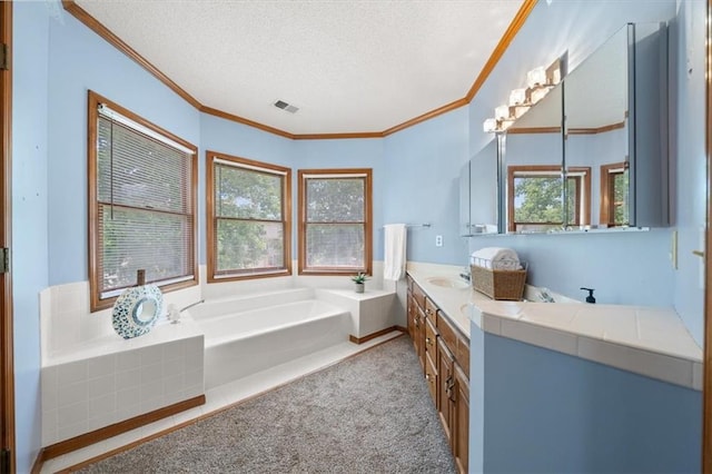 14522 W 61st St, Shawnee, KS 66216 - full bath with a bath, a textured ceiling, crown molding, and double vanity
