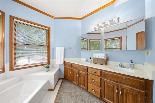 14522 W 61st St, Shawnee, KS 66216 - bathroom with double vanity, a garden tub, crown molding, and tile patterned floors