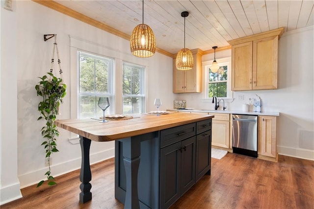 217 W 9th St, Ottawa, KS 66067 - kitchen with dishwasher, wooden counters, crown molding, light brown cabinetry, and wood ceiling