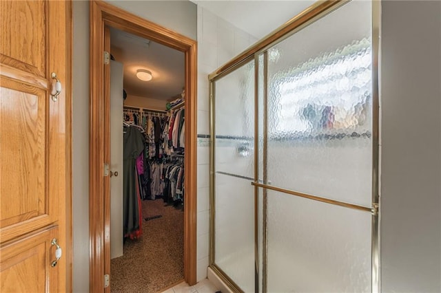 4902 Corinth Dr, Saint Joseph, MO 64506 - bathroom with a stall shower, a spacious closet, and tile patterned floors