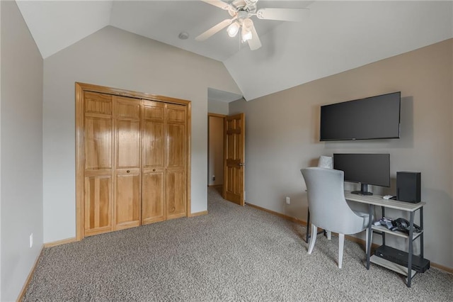 4902 Corinth Dr, Saint Joseph, MO 64506 - home office with vaulted ceiling, a ceiling fan, and light carpet