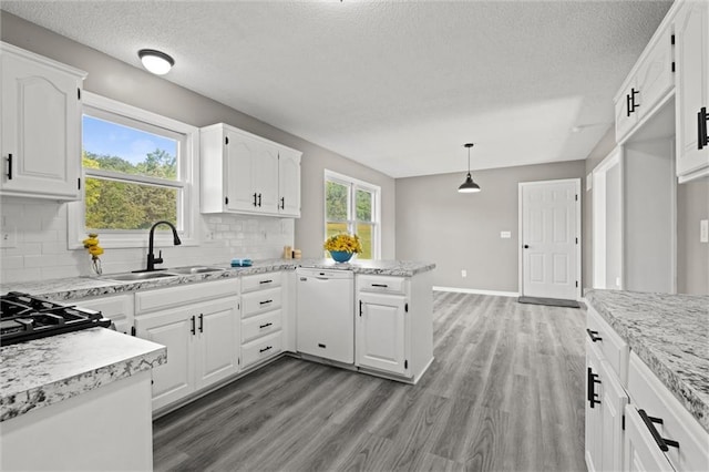 23404 Waverly Rd, Spring Hill, KS 66083 - kitchen featuring dishwasher, wood finished floors, a textured ceiling, backsplash, and a peninsula