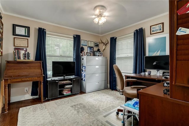 6033 Central St, Kansas City, MO 64113 - office area with ceiling fan, ornamental molding, and wood finished floors