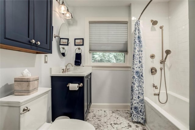 6033 Central St, Kansas City, MO 64113 - full bathroom with vanity, shower / tub combo with curtain, and tile patterned floors