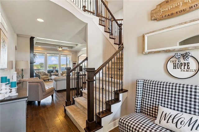 1401 Spurlock Cv, Raymore, MO 64083 - staircase with hardwood / wood-style flooring, ceiling fan, and recessed lighting