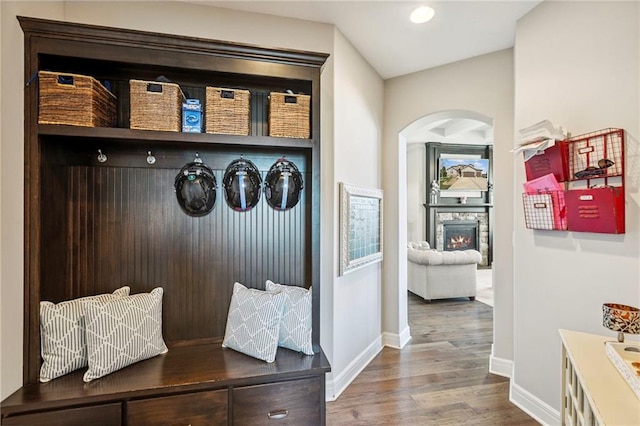 1401 Spurlock Cv, Raymore, MO 64083 - mudroom with arched walkways, wood finished floors, and a fireplace
